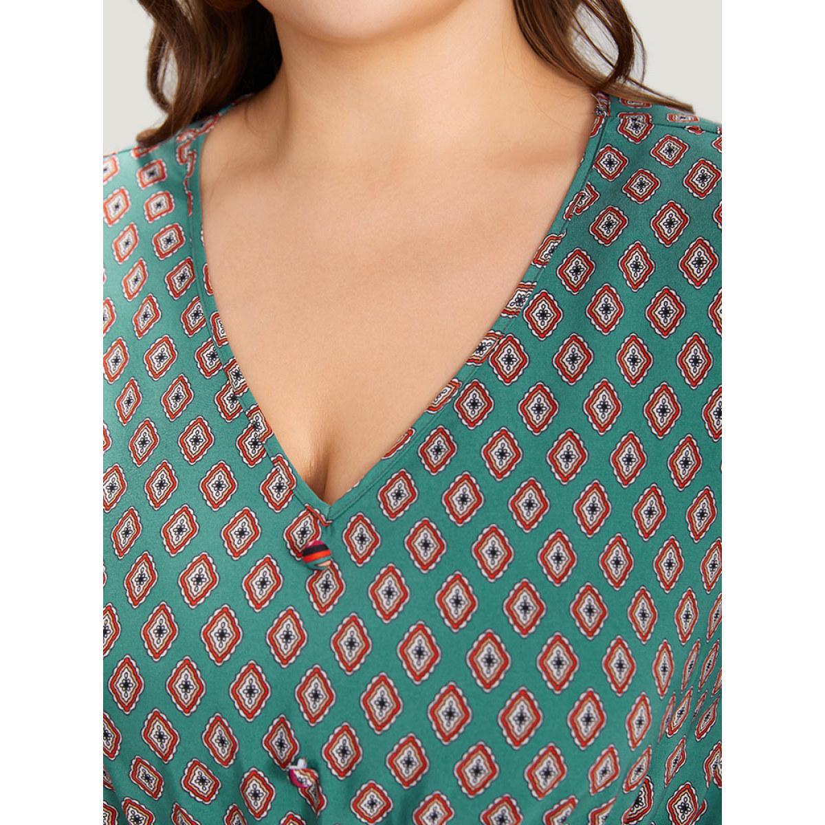 Plus Size Boho Print V Neck Pocket Lantern Sleeve Dress Teal Women Vacation Patchwork V-neck Half Sleeve Curvy Knee Dress BloomChic 14-16/1X Product Image