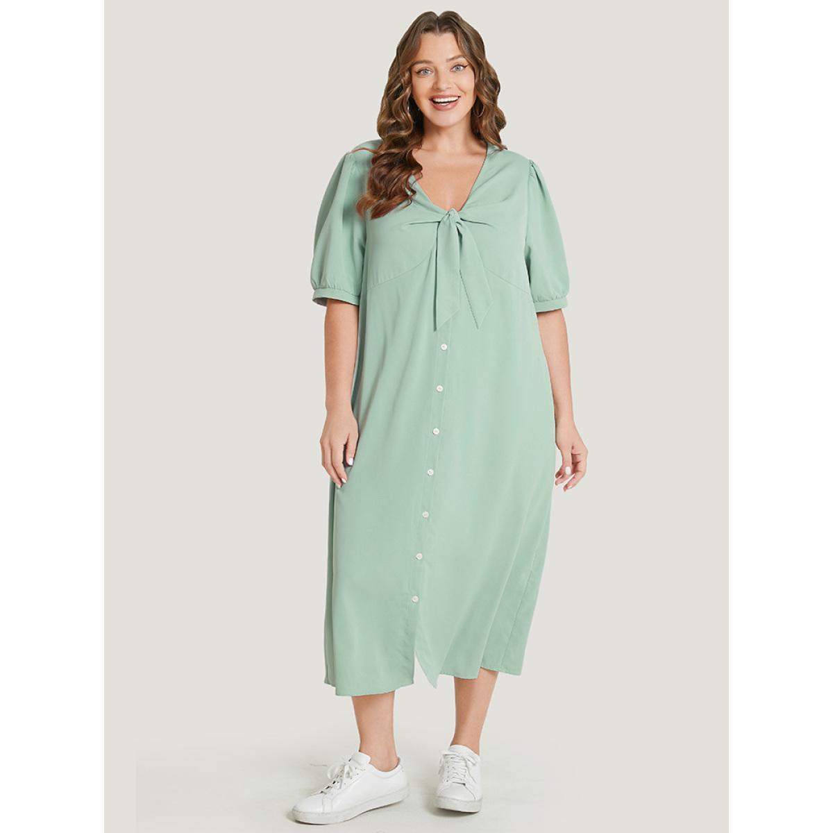 Plus Size Plain Knotted V Neck Puff Sleeve Button Up Dress Mint Women Casual Knotted V-neck Short sleeve Curvy Midi Dress BloomChic 12/L Product Image