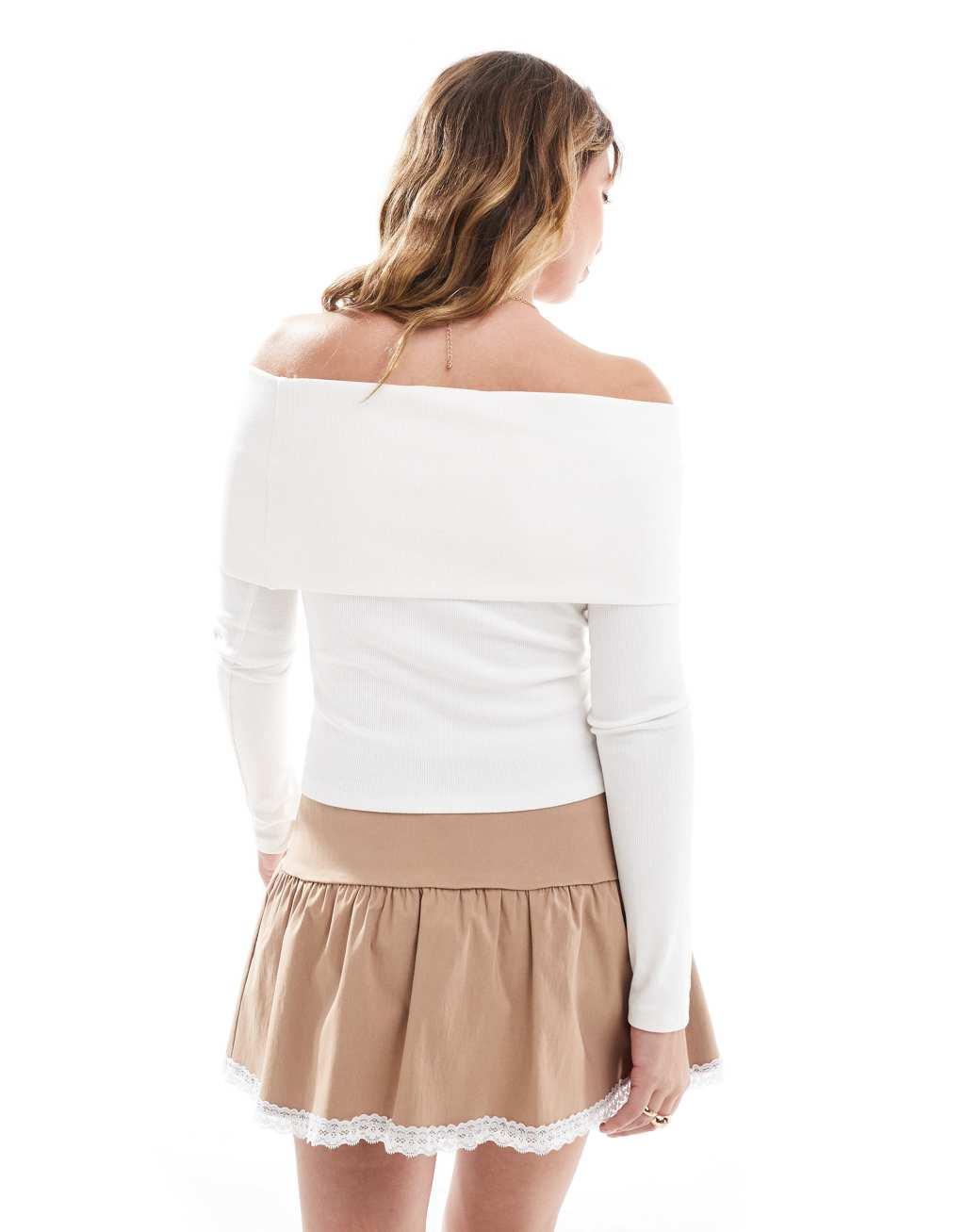 Miss Selfridge rib deep fold over bardot top in cream Product Image