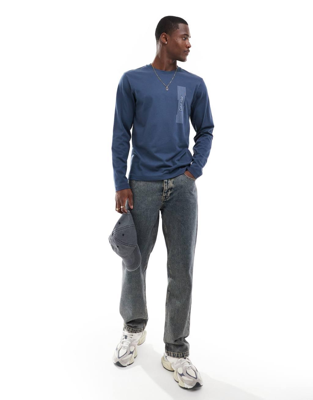 Calvin Klein horizontal logo long sleeve t-shirt in navy Product Image