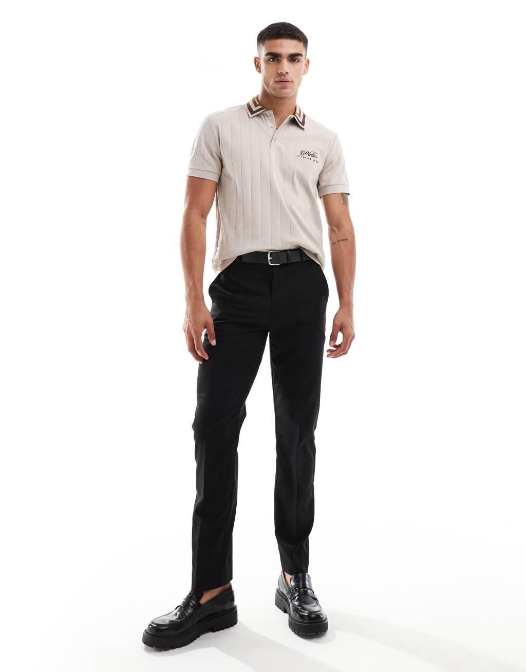 ASOS DESIGN tipped collar ribbed polo with chest embroidery in beige Product Image