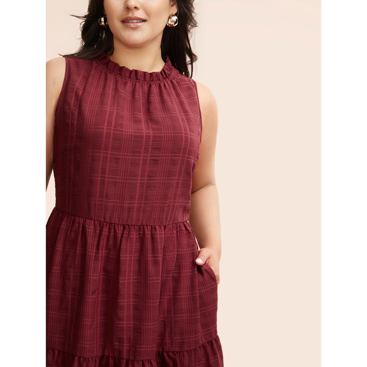 Plus Size Plaid Stand Collar Frill Trim Sleeveless Dress Burgundy Women Elegant Texture Stand-up collar Sleeveless Curvy BloomChic 30/6X Product Image