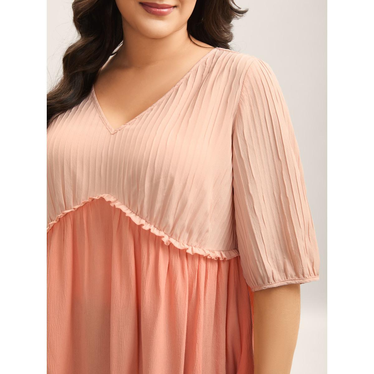 Plus Size Coral Pleated Layered Sheer Puff Sleeve Blouse Women Elbow-length sleeve V-neck Everyday-Casual Blouses BloomChic 12/L Product Image