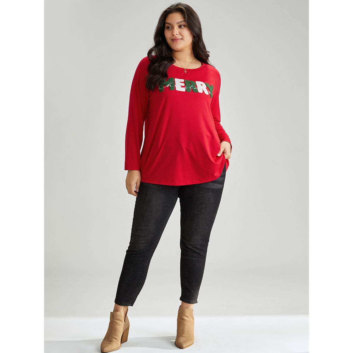 Plus Size Christmas Terry Embroidered Raglan Sleeve T-shirt Red Women Casual Contrast Christmas Festival-Christmas T-shirts BloomChic 14-16/1X Product Image