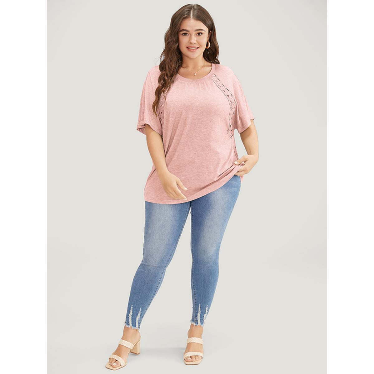 Plus Size Solid Contrast Lace Ruffle Sleeve T-shirt Crepe Women Elegant Lace Plain Round Neck Everyday T-shirts BloomChic 22-24/3X Product Image