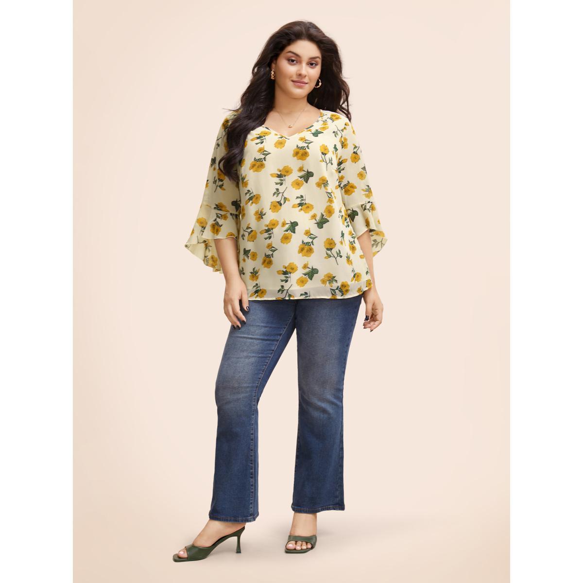 Plus Size Mustardyellow Floral Ruffle Sleeve Split Hem Blouse Women Elegant Elbow-length sleeve V-neck Everyday Blouses BloomChic 28/5X Product Image