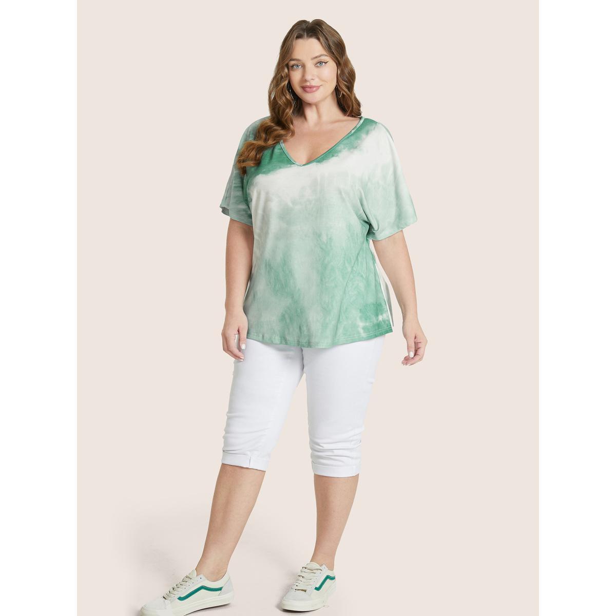 Plus Size Tie Dye Drop Shoulder V Neck T-shirt Sage Women Resort Tie Dye V-neck Vacation T-shirts BloomChic 30/6X Product Image