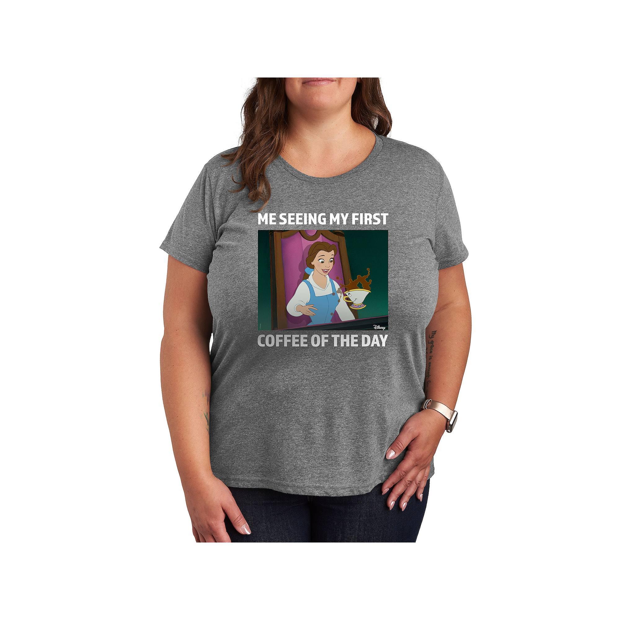 Disney Princess Belle Plus First Coffee Of The Day Meme Graphic Tee, Womens Grey Green Product Image