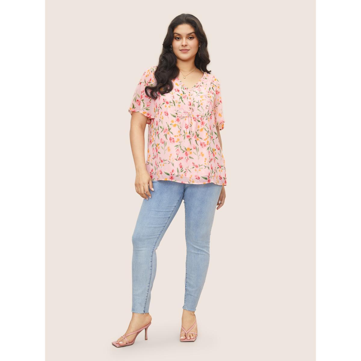Plus Size MistyRose Chiffon Watercolor Floral Woven Ribbon Frill Trim Blouse Women Elegant Short sleeve V-neck Everyday Blouses BloomChic 30/6X Product Image