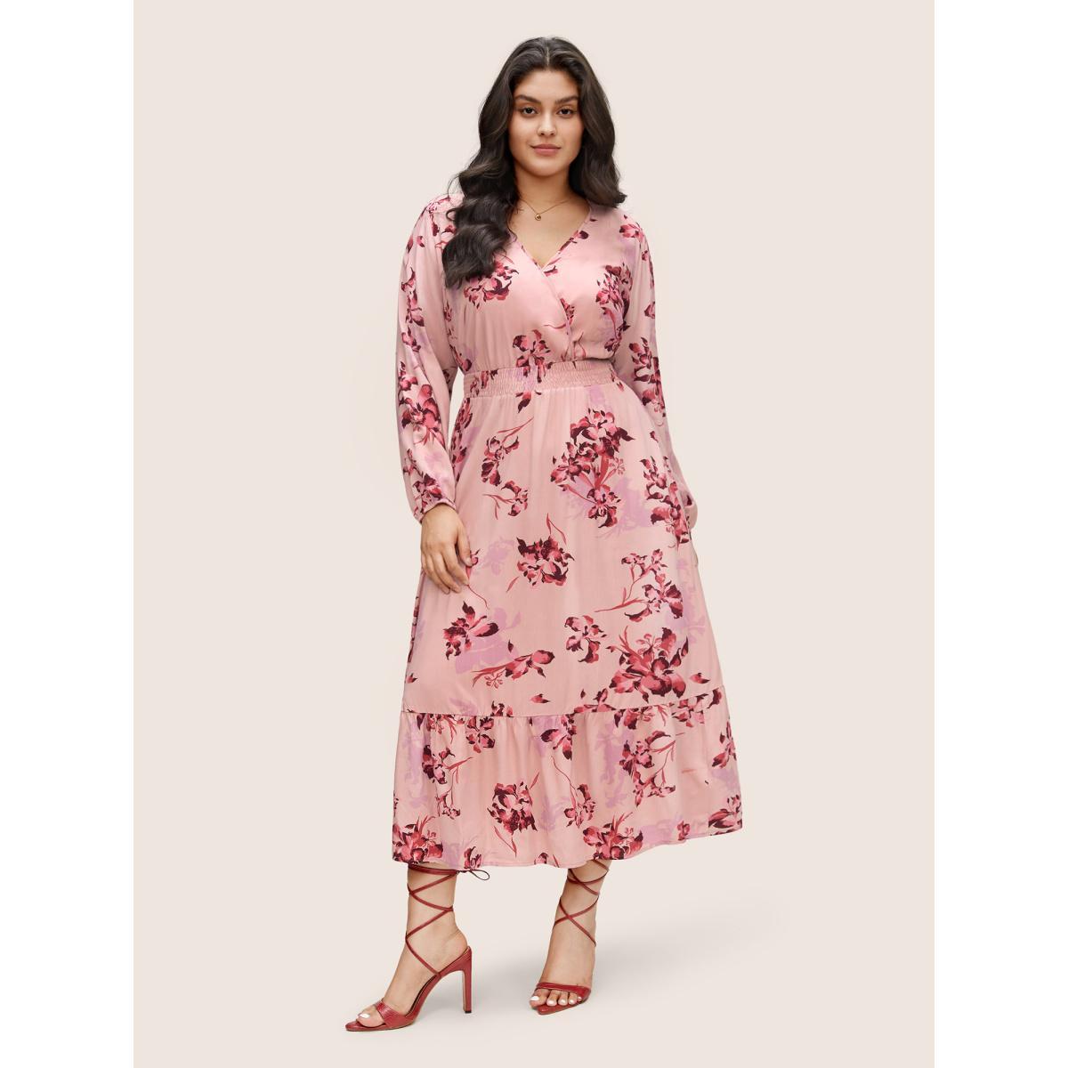Plus Size Floral Print Surplice Neck Ruffle Layered Hem Dress Pink Women Elegant Non Overlap Collar Long Sleeve Curvy Midi Dress BloomChic 12/L Product Image