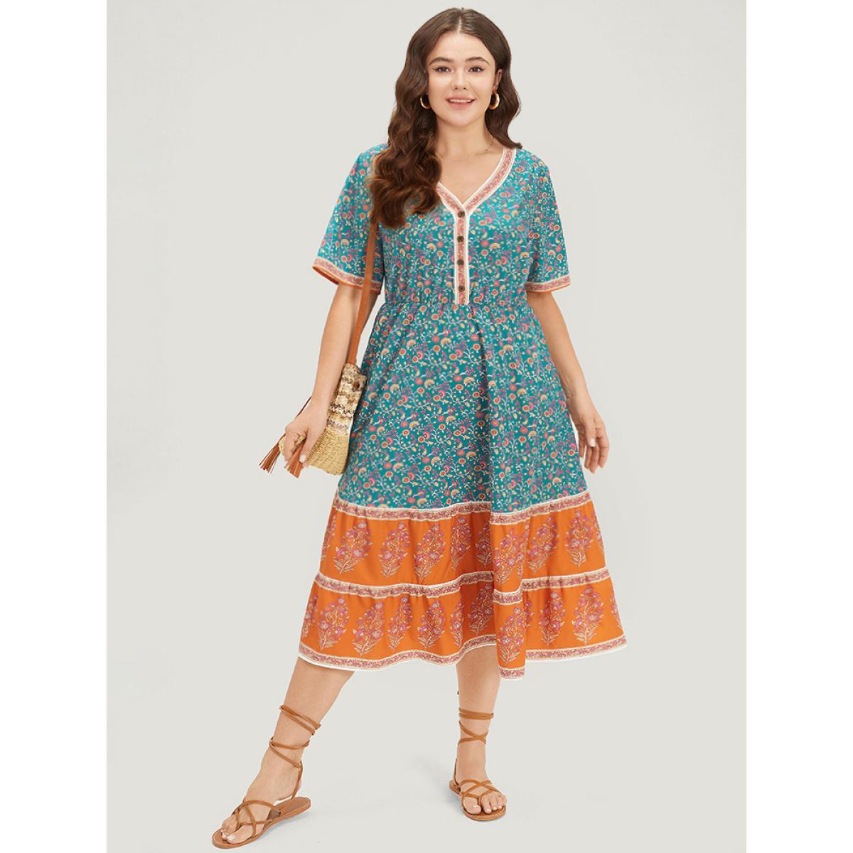 Plus Size Floral Print Button Detail Elastic Waist Patchwork Dress Emerald Women Vacation Gathered V-neck Short sleeve Curvy Midi Dress BloomChic 14-16/1X Product Image