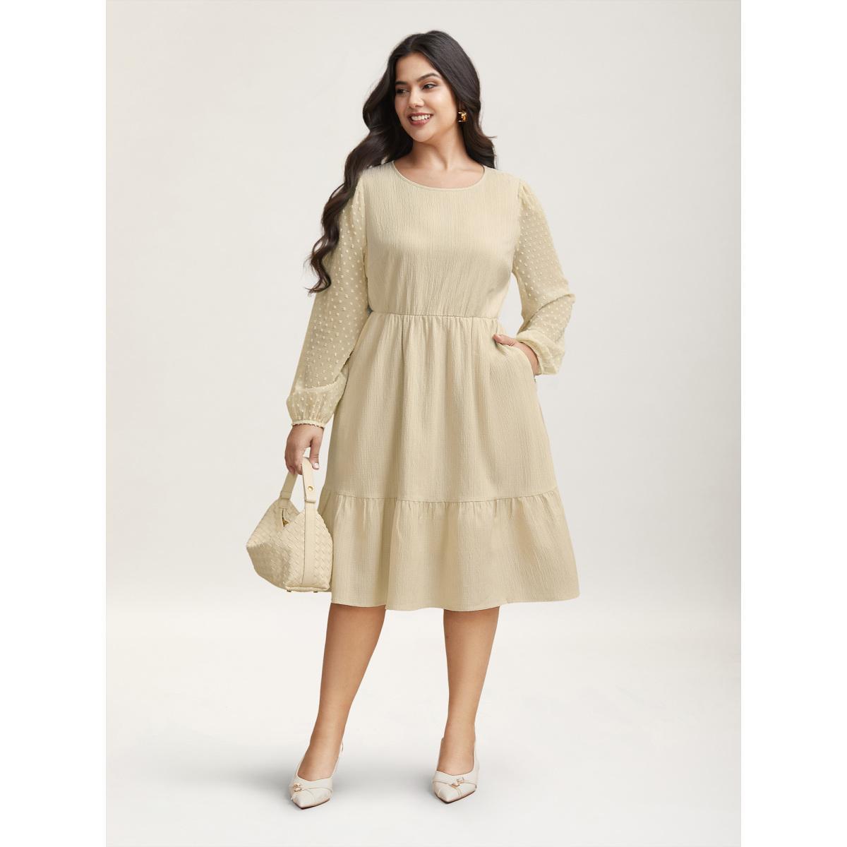 Plus Size Textured Stretchy-Waist Tiered Midi Dress Beige Women Elegant Texture Round Neck Long Sleeve Curvy BloomChic 22-24/3X Product Image