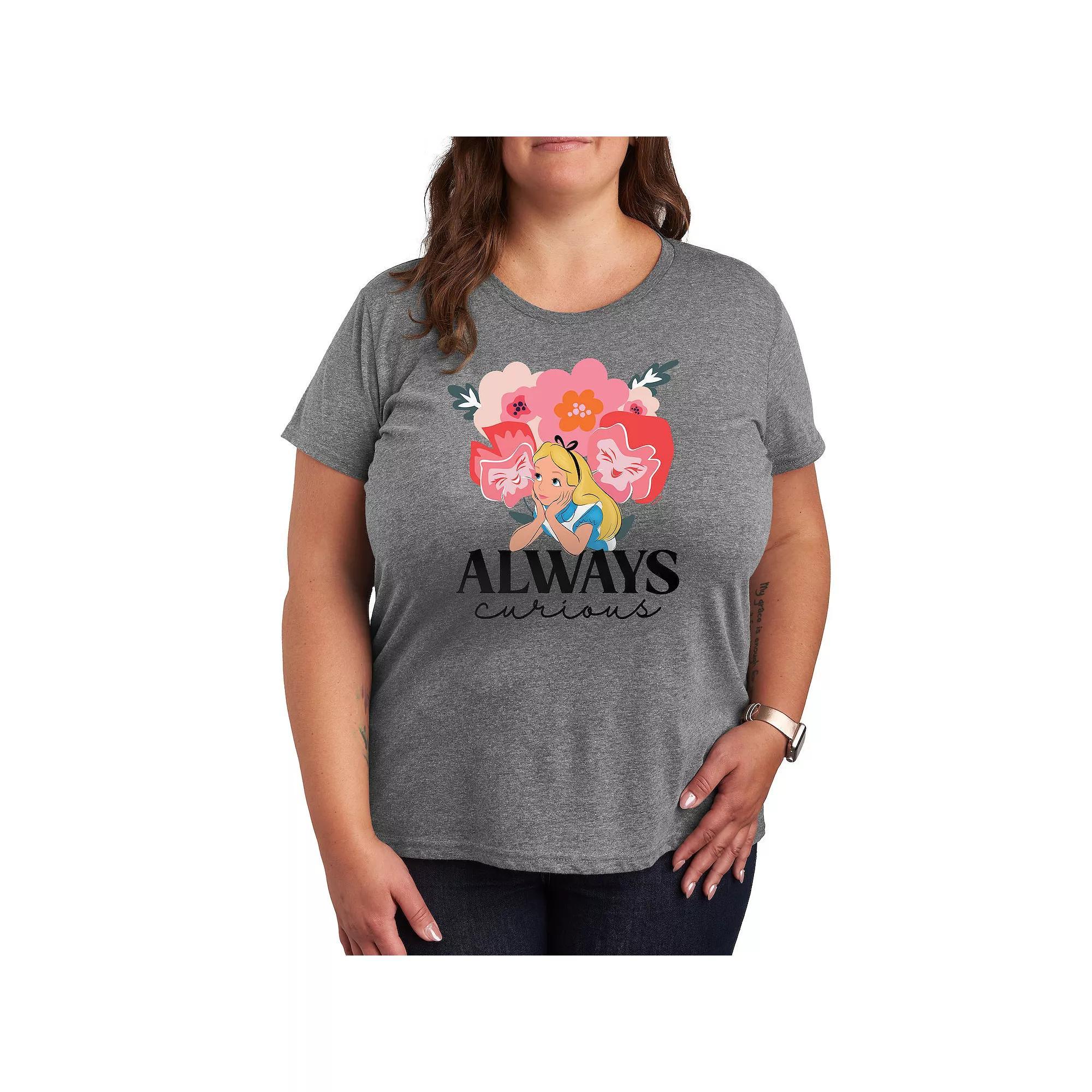 Disneys Alice in Wonderland Plus Always Curious Graphic Tee, Womens Grey Gray Product Image