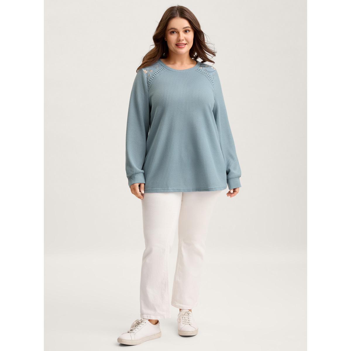 Plus Size Waffle Spliced Floral Lace Sweatshirt Women Stone Round Neck Everyday-Casual Sweatshirts BloomChic 12/L Product Image