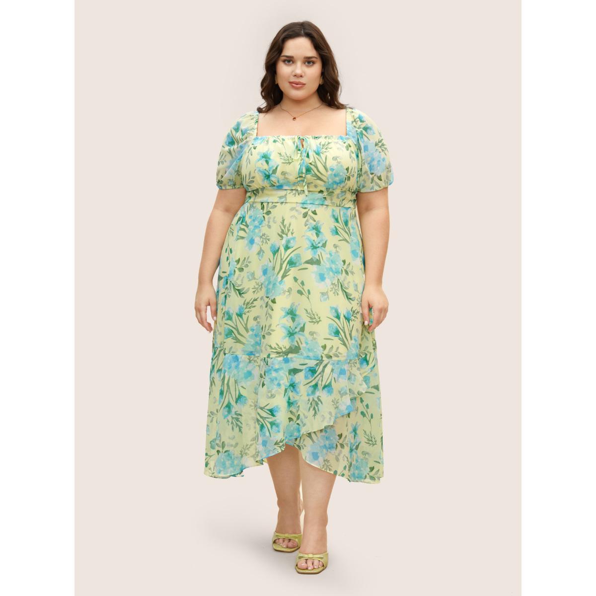 Plus Size Watercolor Floral Drawstring Wrap Hem Dress YellowGreen Women Elegant Drawstring Square Neck Short sleeve Curvy BloomChic 28/5X Product Image