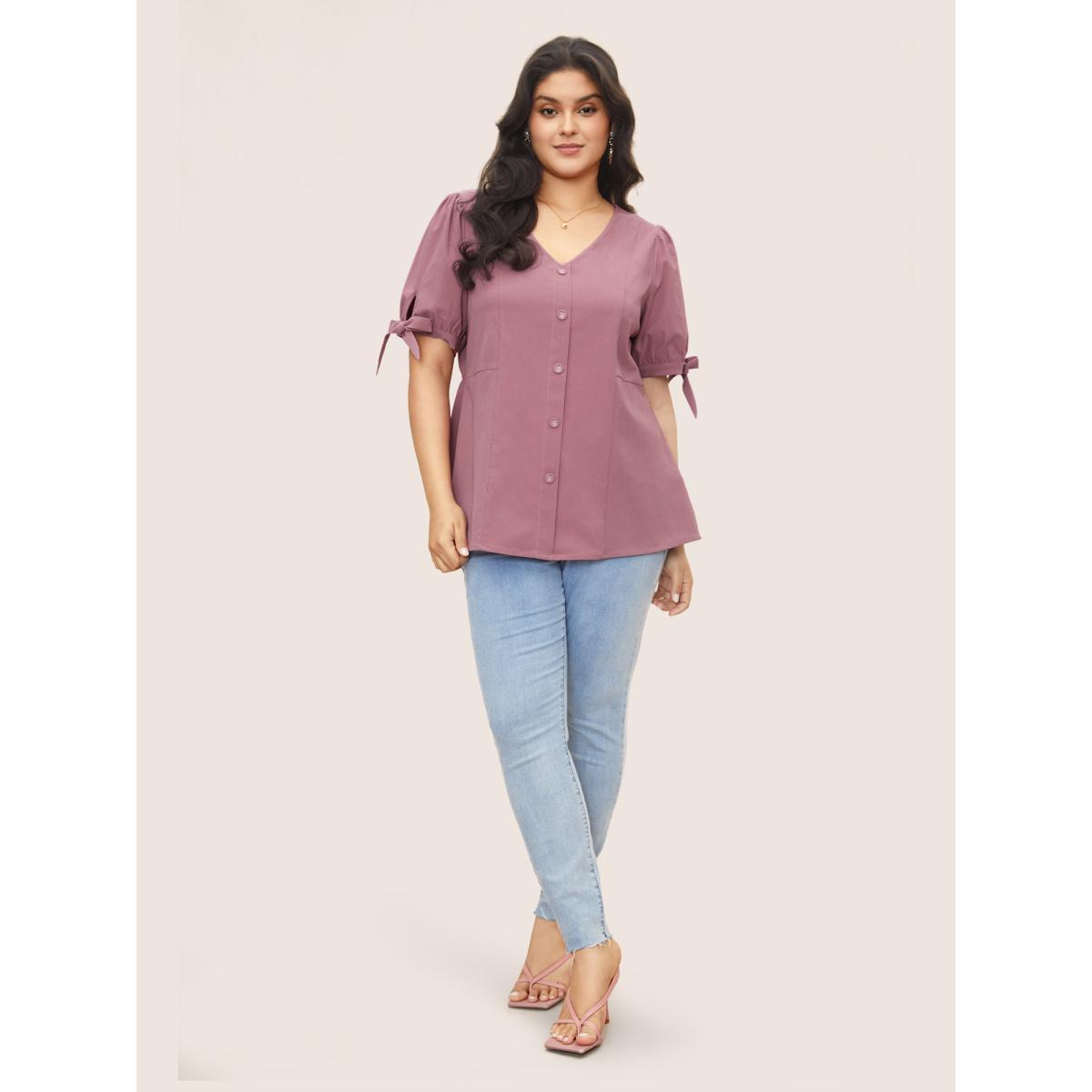 Plus Size RedViolet Stretchy Woven Tie Knot Button Detail Blouse Women Casual Half Sleeve V-neck Everyday Blouses BloomChic 18-20/2X Product Image