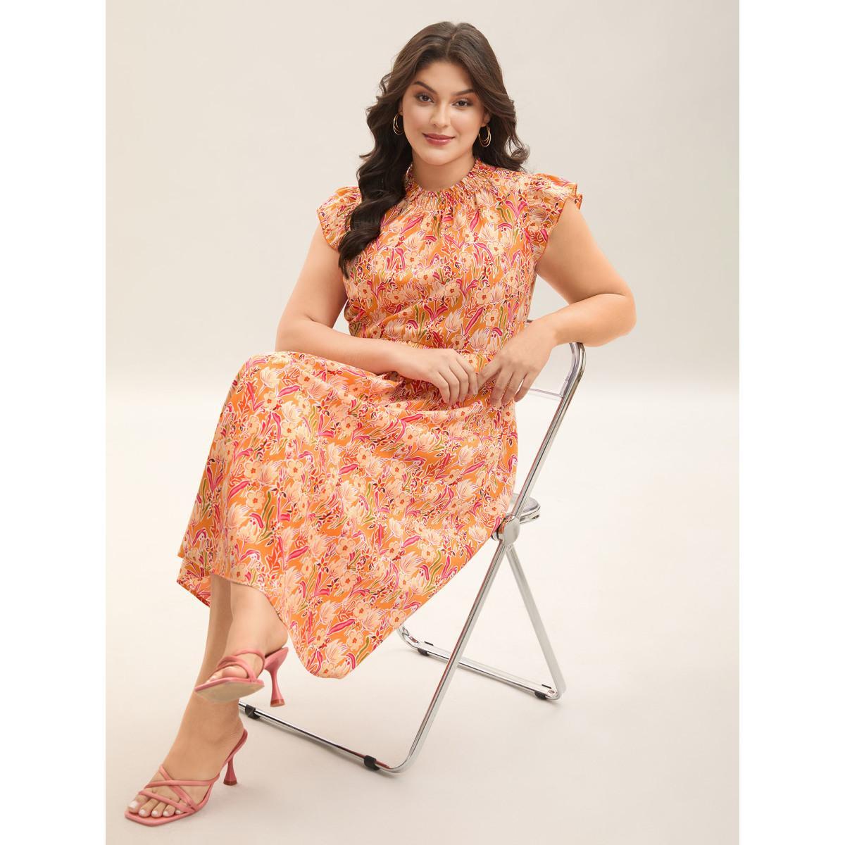 Plus Size Floral Print Shirred Pockets Midi Dress Coral Women Elegant Frill Trim Mock Neck Cap Sleeve Curvy BloomChic 10/M Product Image