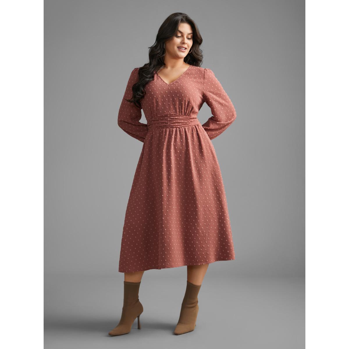 Plus Size Solid Texture Ruffles Shirred Gathered Dress DustyPink Women Elegant Texture V-neck Long Sleeve Curvy BloomChic 14-16/1X Product Image