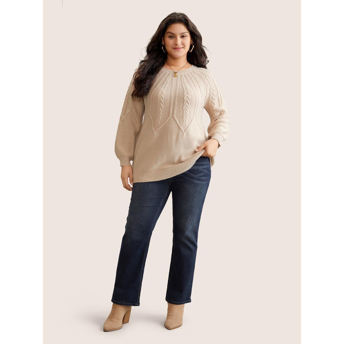 Plus Size Solid Textured Lantern Sleeve Pullover Tan Women Basics Long Sleeve Round Neck Everyday Pullovers BloomChic 30/6X Product Image