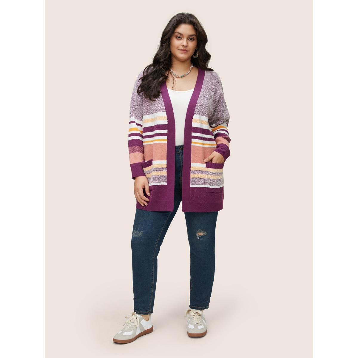 Plus Size Supersoft Essentials Striped Contrast Open Front Cardigan Purple Women Casual Loose Long Sleeve Dailywear Cardigans BloomChic 12/L Product Image
