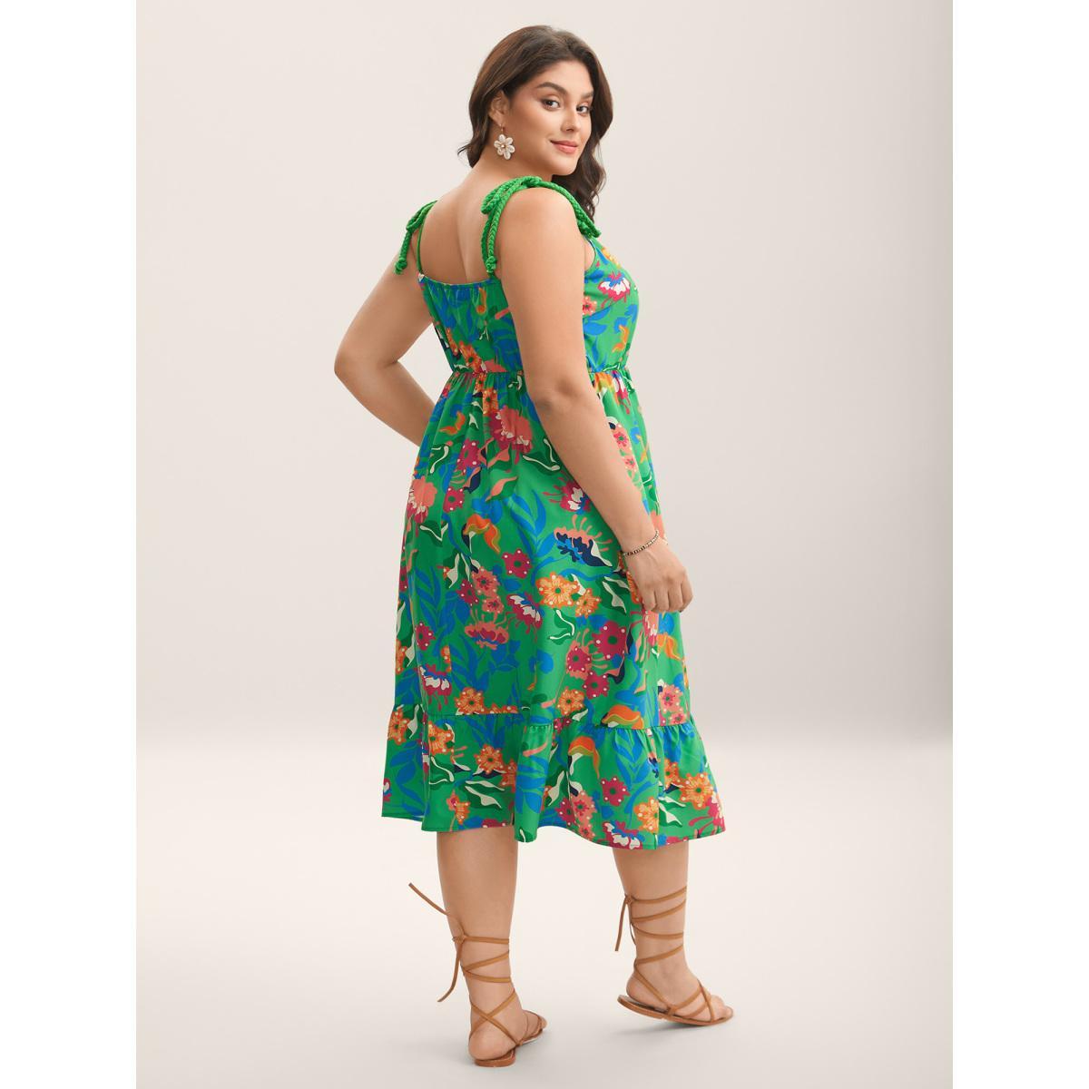Plus Size Floral Print Braided Shoulder Straps Midi Dress Truegreen Women Non Sleeveless Curvy BloomChic 22-24/3X Product Image