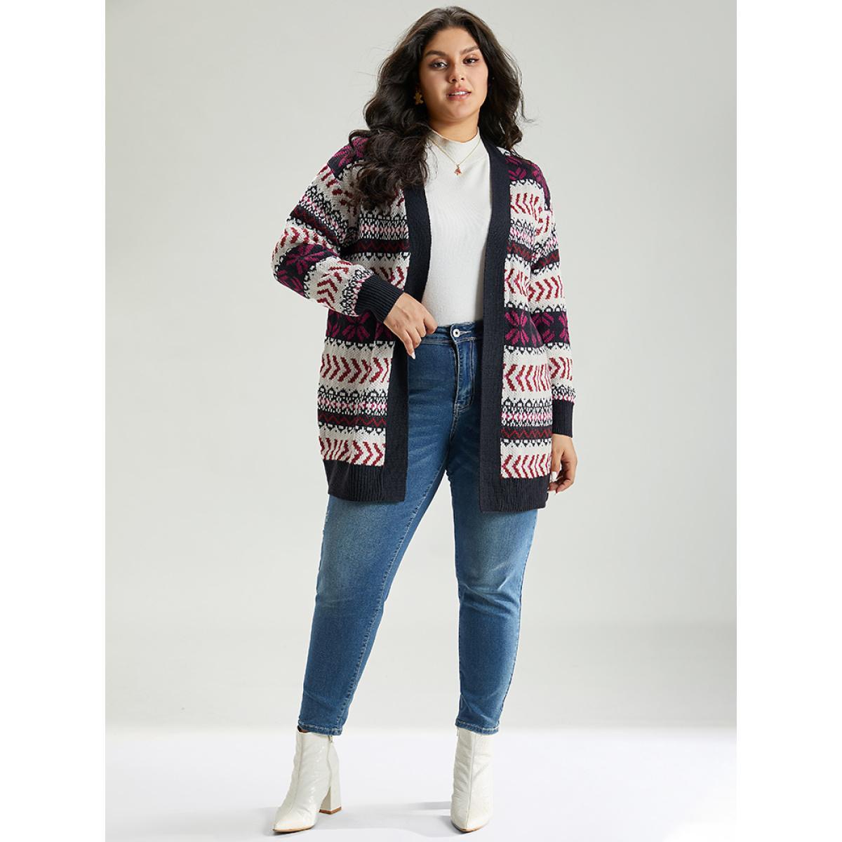 Plus Size Geo Print Open Front Patchwork Cardigan Multicolor Women Casual Loose Long Sleeve Festival-Christmas Cardigans BloomChic 22-24/3X Product Image