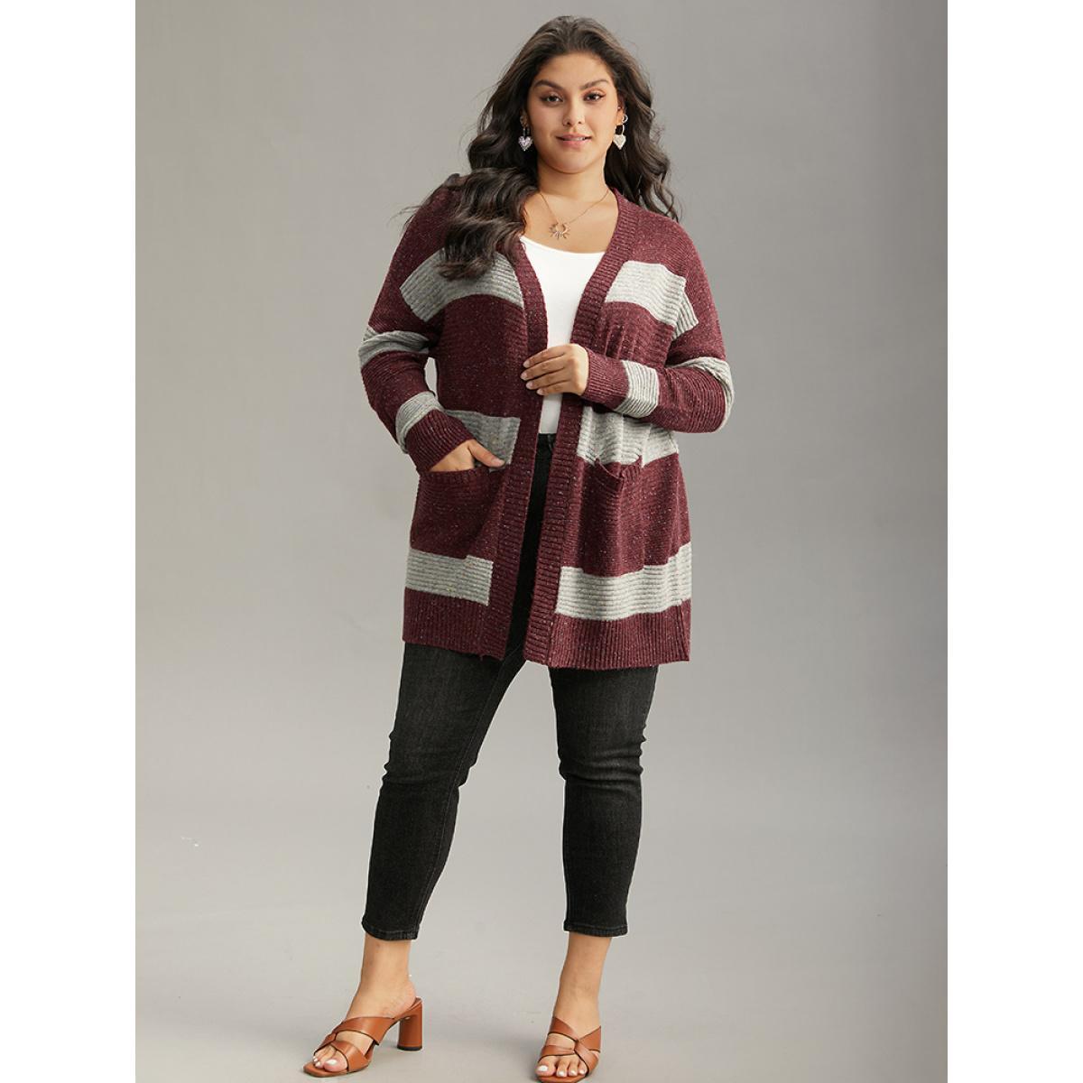 Plus Size Colorblock Patched Pocket Open Front Cardigan Burgundy Women Casual Loose Long Sleeve Dailywear Cardigans BloomChic 12/L Product Image