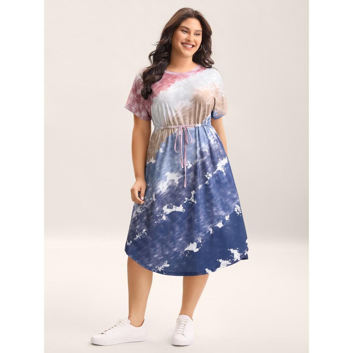 Plus Size Colorful Stripes Waist-Tie Midi Dress Multicolor Women Round Neck Short sleeve Curvy BloomChic 14-16/1X Product Image