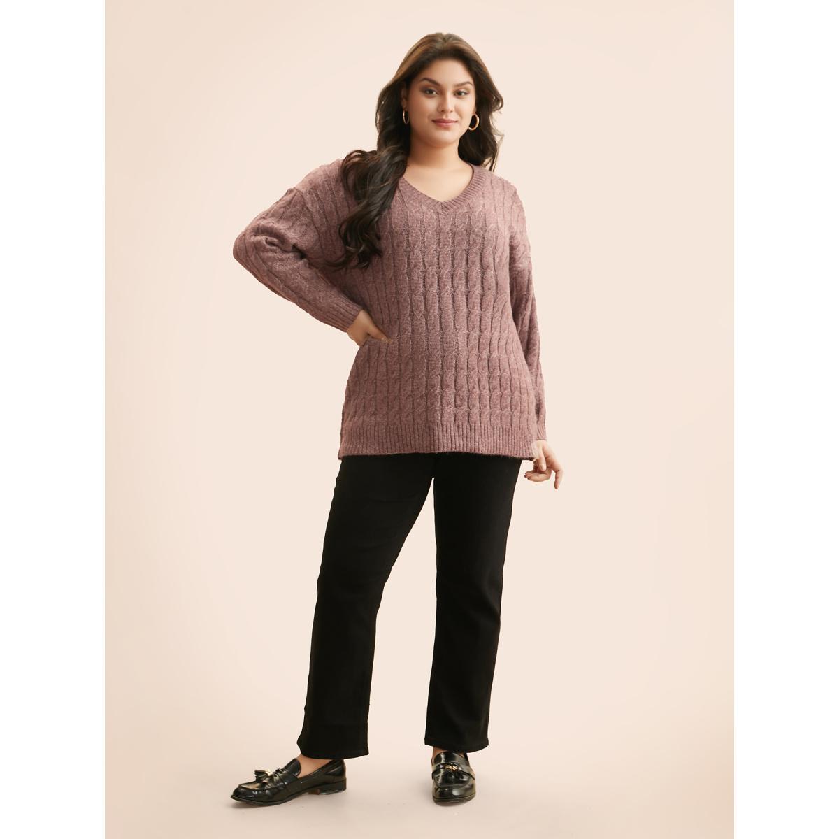 Plus Size Heather Texture Cable Knit Pullover Plum Women Casual Long Sleeve V-neck Everyday Pullovers BloomChic 22-24/3X Product Image