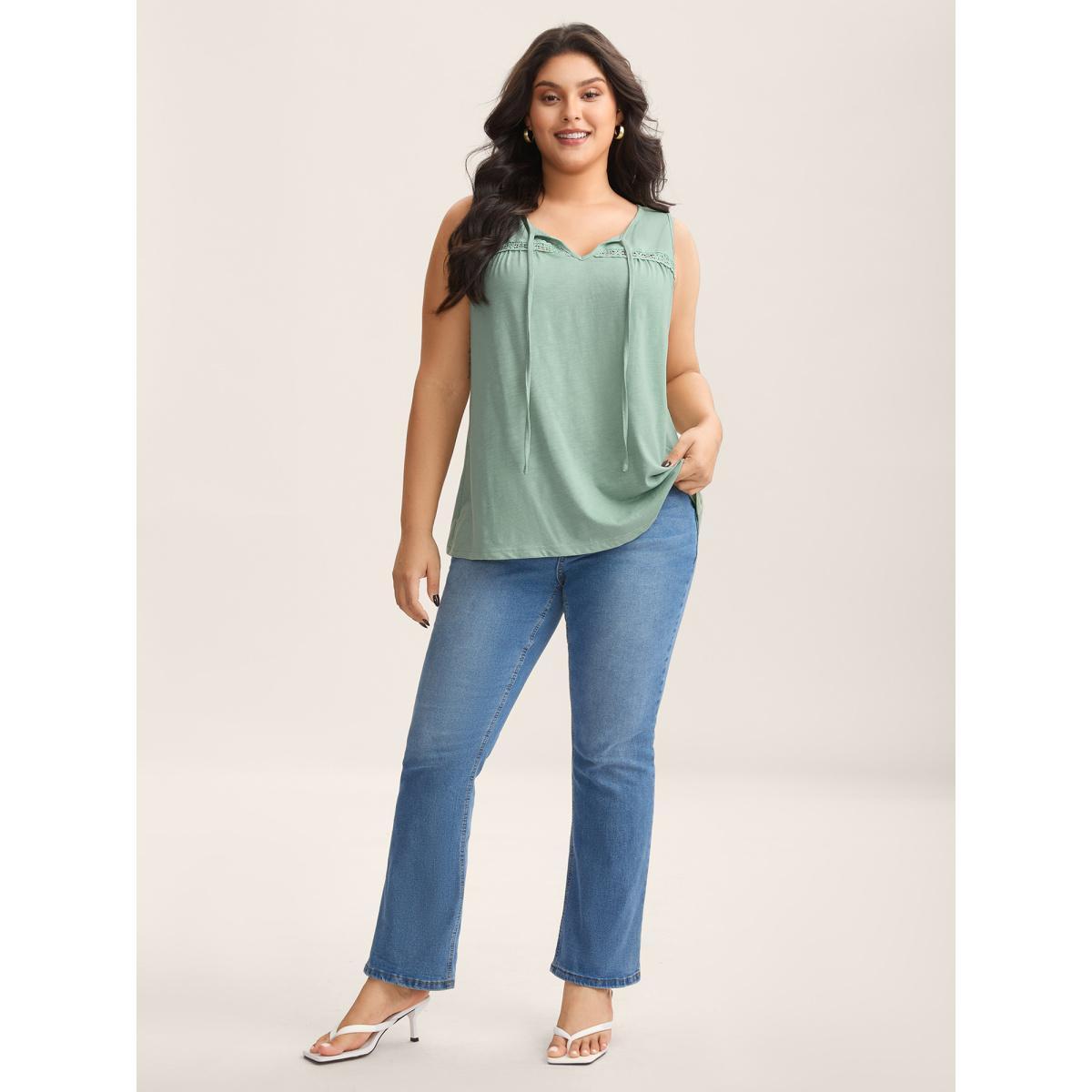 Plus Size Bamboo Cotton Stretchy Pleated Tank Top Women Greenbean Woven ribbon&lace trim Flat collar with V-notch Everyday-Elegant Tank Tops Camis BloomChic 28/5X Product Image