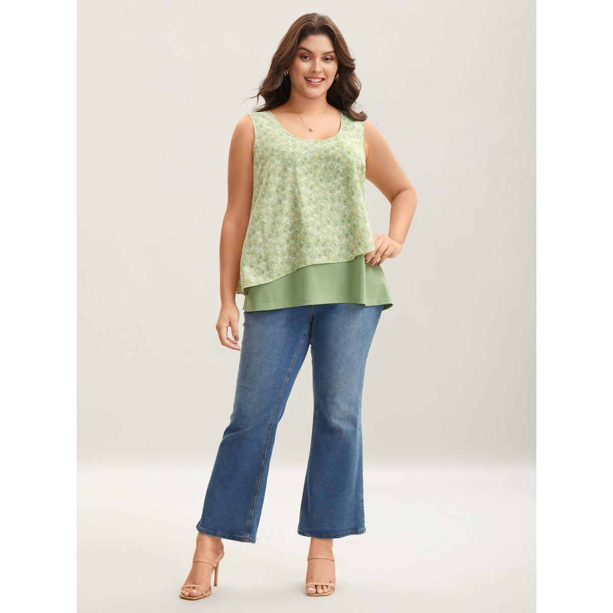 Plus Size Spring Break Printed Layered Sleeveless Top Women Greenbean Elegant Contrast U-neck Everyday Tank Tops Camis BloomChic 30/6X Product Image