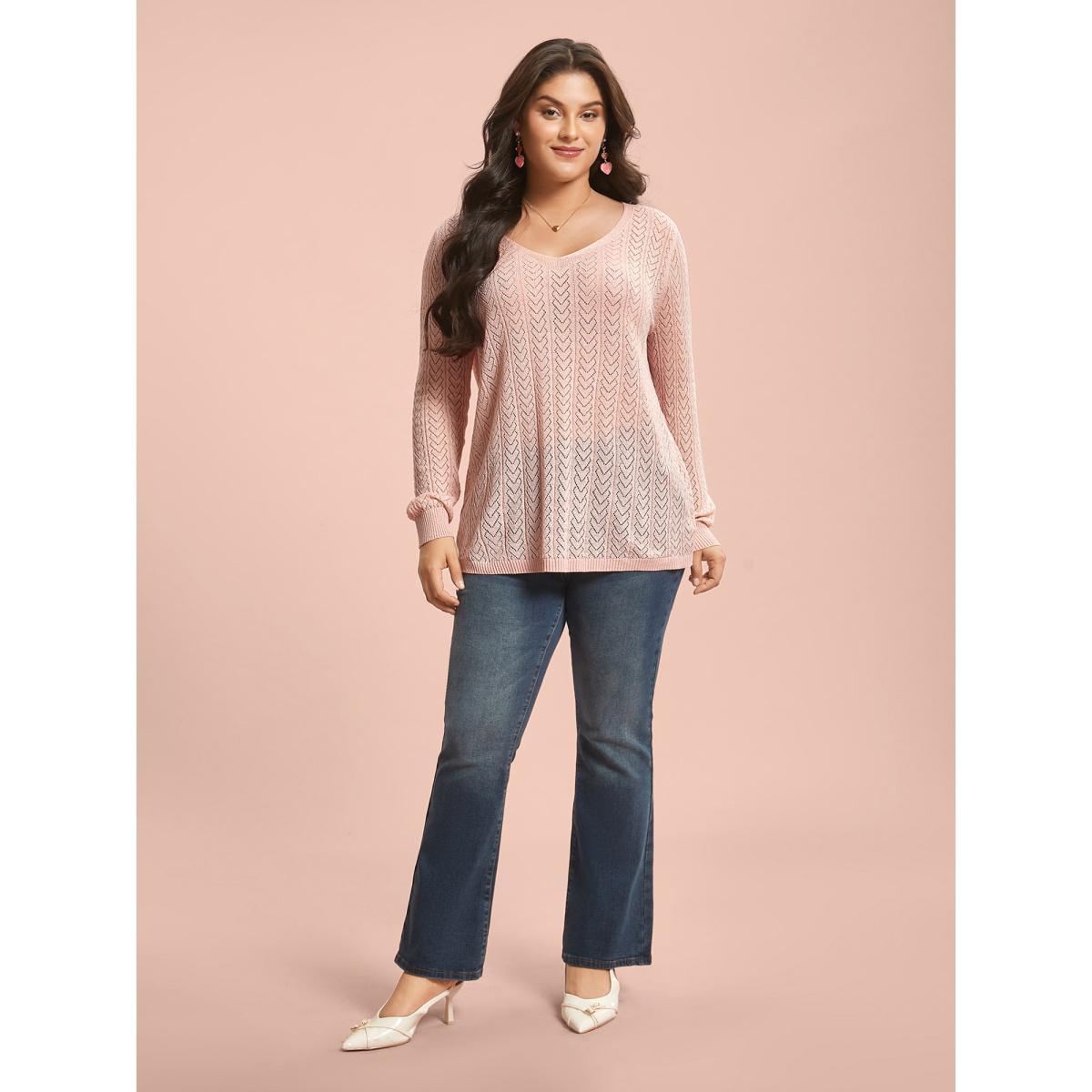 Plus Size Plain Hollow Out Romantic Textured Pullover Nudepink Women Casual Loose Long Sleeve V-neck Everyday Pullovers BloomChic 30/6X Product Image