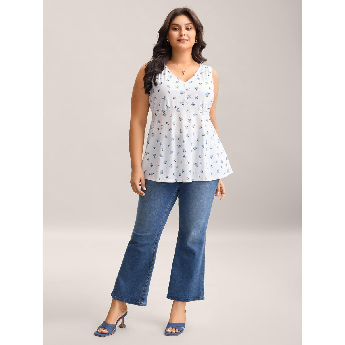 Plus Size Stretchy Floral Print Waist-Tie Tank Top Women WhiteSmoke Belted V-neck Everyday-Elegant Tank Tops Camis BloomChic 30/6X Product Image