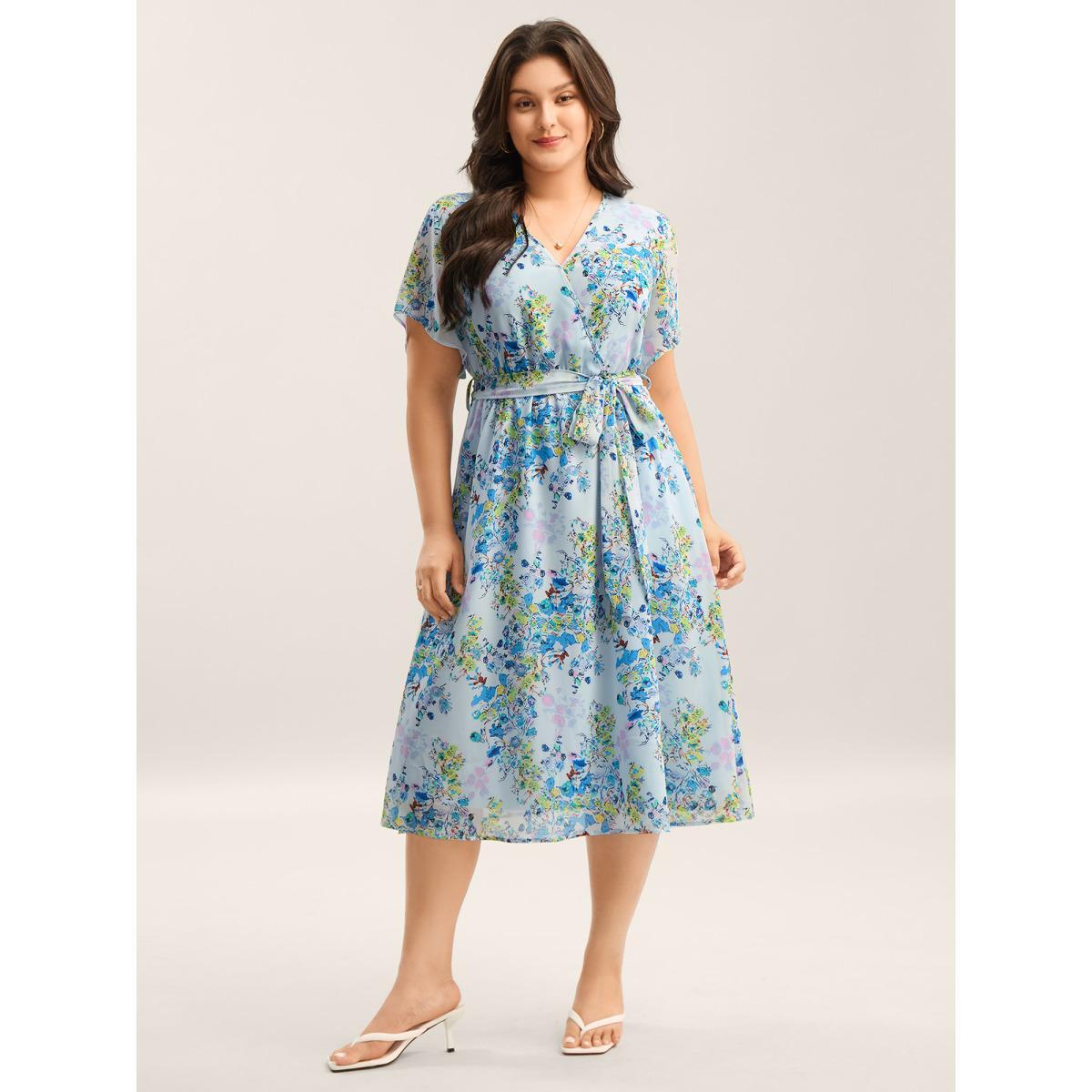 Plus Size Breezy Floral Lined Pockets Midi Dress LightBlue Women Overlap Collar Short sleeve Curvy BloomChic 22-24/3X Product Image