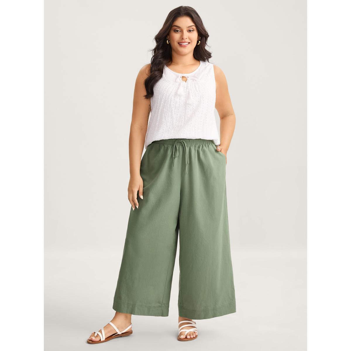 Plus Size Shirred Drawstring Solid Wide-Leg Pants Women Mint Casual Wide Leg Mid Rise Everyday-Casual Pants BloomChic 22-24/3X Product Image