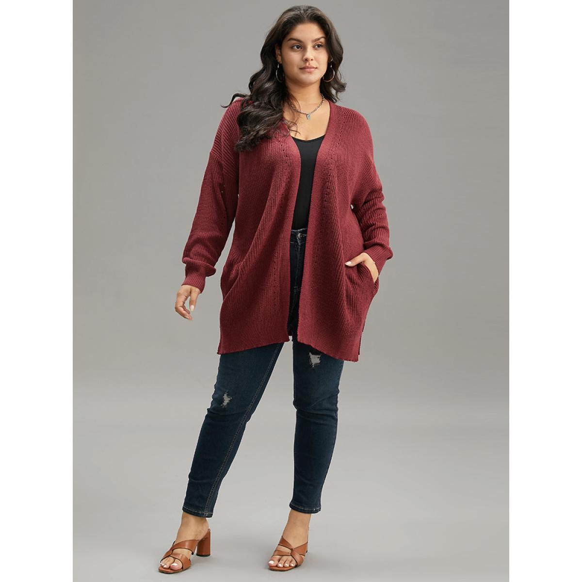 Plus Size Plain Open Front Drop Shoulder Basic Cardigan Scarlet Women Casual Loose Long Sleeve Dailywear Cardigans BloomChic 28/5X Product Image