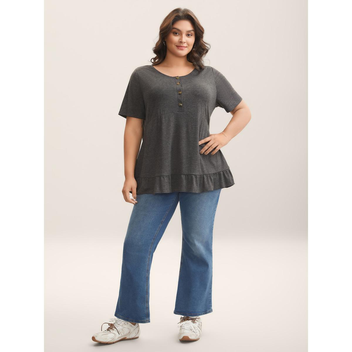 Plus Size Button Detail Ruffled Hem Babydoll T-Shirt DimGray Women Gathered Round Neck Everyday-Casual T-shirts BloomChic 10/M Product Image
