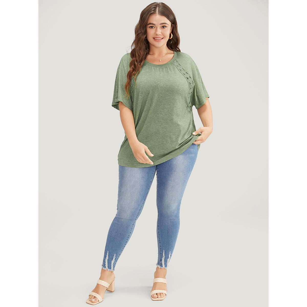 Plus Size Solid Contrast Lace Ruffle Sleeve T-shirt Sage Women Elegant Lace Plain Round Neck Everyday T-shirts BloomChic 12/L Product Image