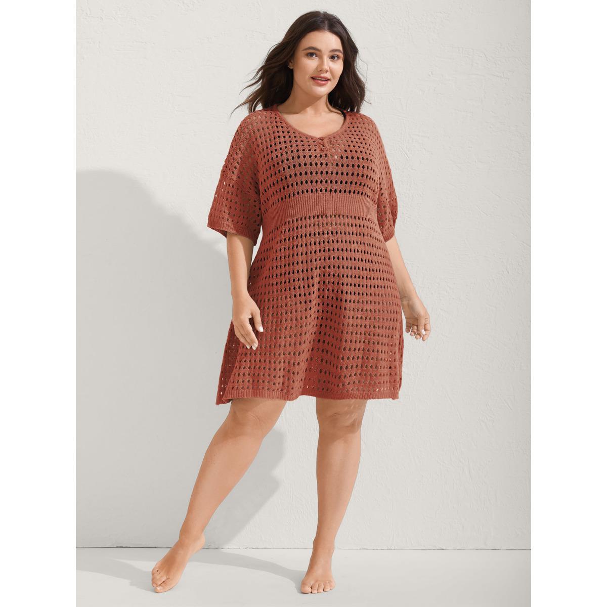 Plus Size Cut-Out Waist-Cinched Button Swim Cover-Up Women's Swimwear Rust Beach Loose Cut-Out Curve Swim Cover Ups BloomChic 28/5X Product Image