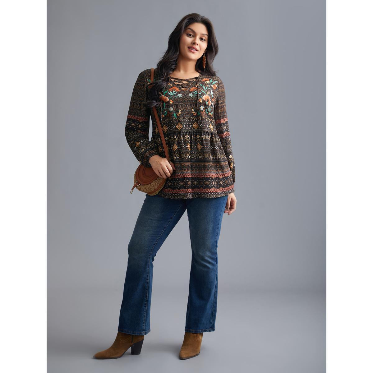 Plus Size DarkBrown Floral Bandana Crisscross Blouse Women Resort Extra Long Sleeve V-neck Vacation Blouses BloomChic 12/L Product Image