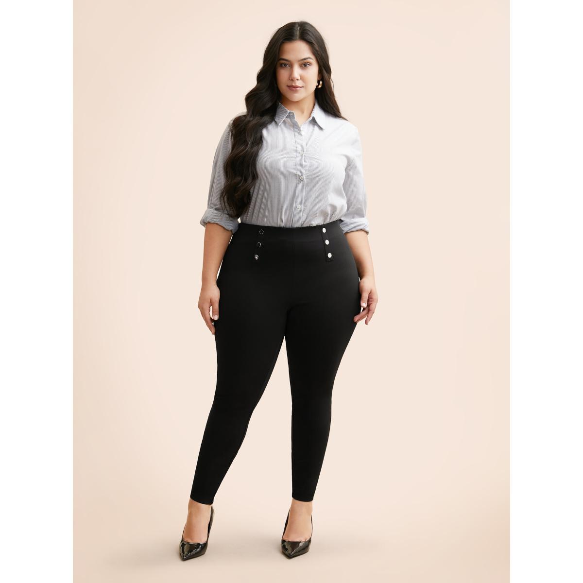 Plus Size High Rise Button Detail Stretchy Pants Women Black Workwear Essentials Skinny High Rise Work Pants BloomChic 26/4X Product Image
