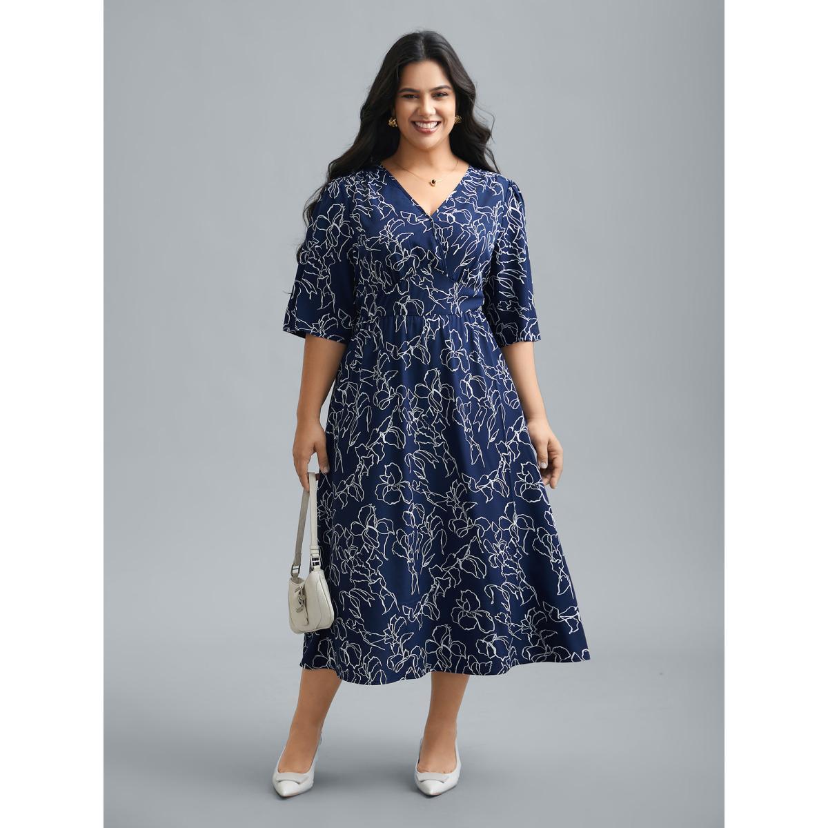 Plus Size Surplice Neck Abstract Print Fit Midi Dress Navy Women At the Office Gathered Overlap Collar Elbow-length sleeve Curvy BloomChic 26/4X Product Image