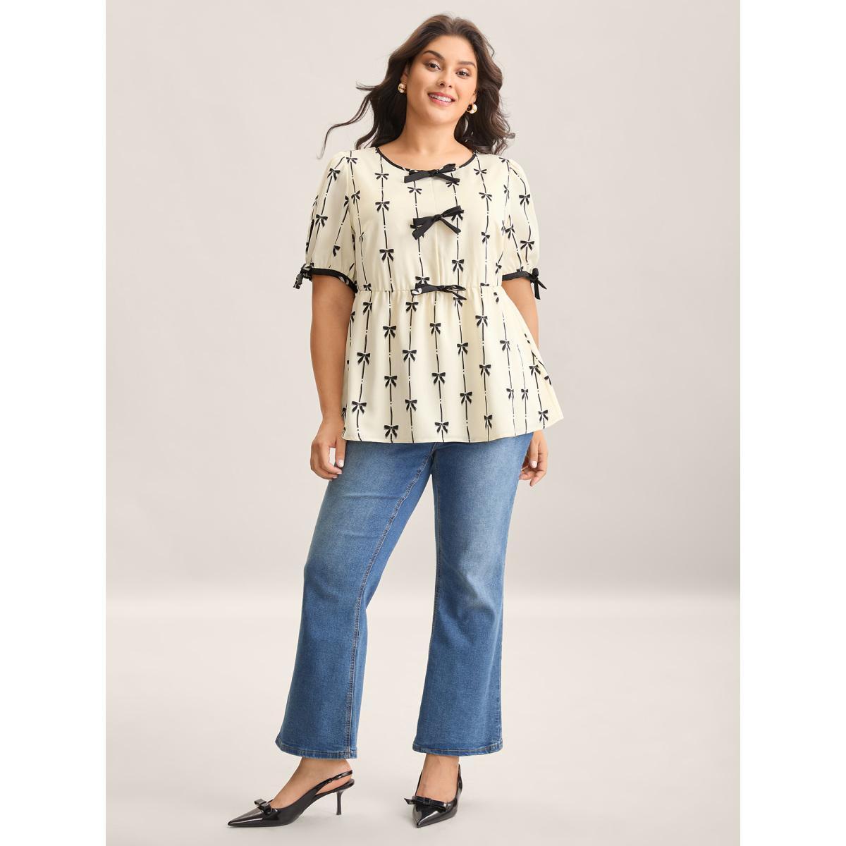 Plus Size Beige Bow Detail Printed Color Contrast Blouse Women Half Sleeve V-neck Everyday-Elegant Blouses BloomChic 12/L Product Image