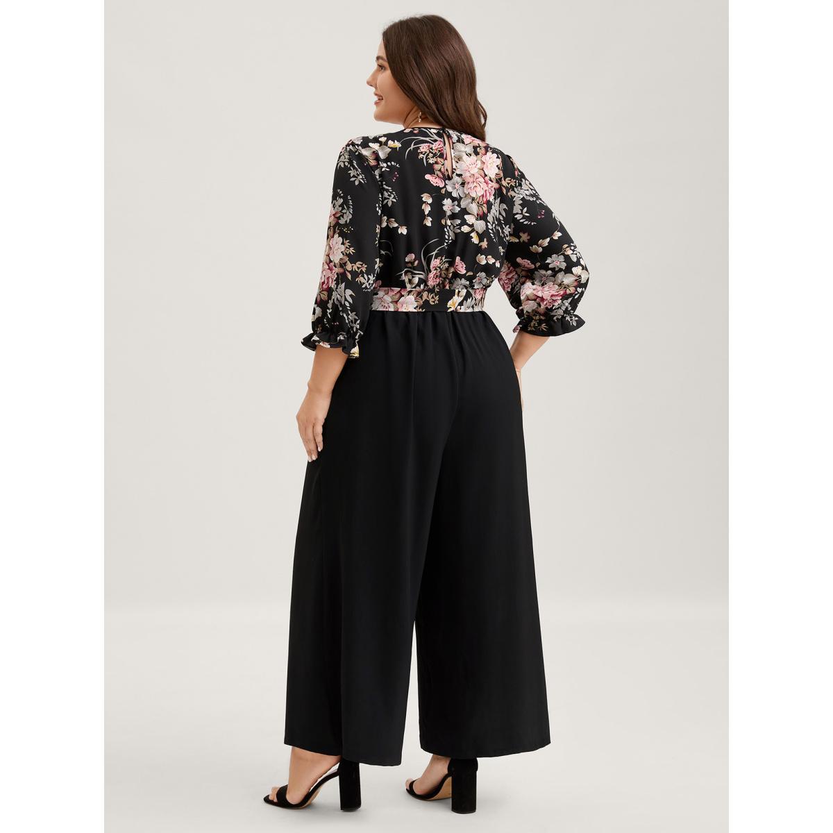 Plus Size Black Floral Contrast Belted Wide-Leg Jumpsuit Women Elbow-length sleeve Overlap Collar Everyday-Elegant Loose Jumpsuits BloomChic 14-16/1X Product Image