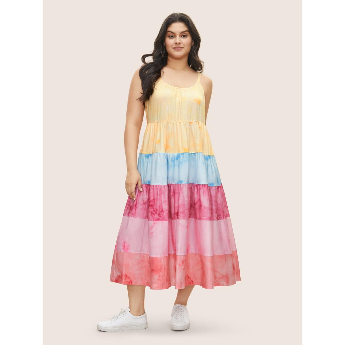 Plus Size Tie Dye Contrast Ruffle Layered Hem Dress Multicolor Women Casual Gathered Non Sleeveless Curvy Midi Dress BloomChic 18-20/2X Product Image