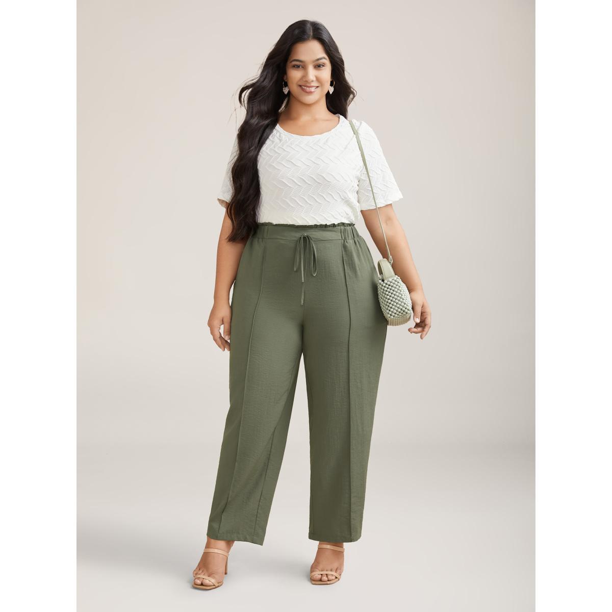 Plus Size Waist Drawstring Seamed Straight Pants Women Sage Casual Straight Leg Mid Rise Everyday Pants BloomChic 30/6X Product Image