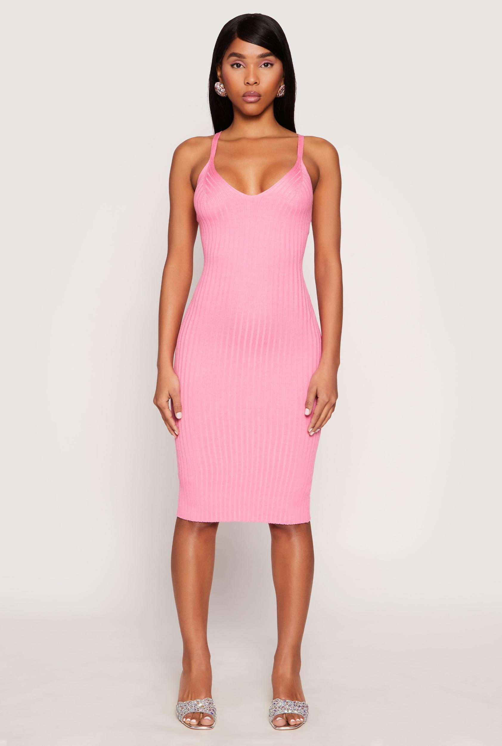 Womens Ribbed Knit V Neck Midi Dress Product Image