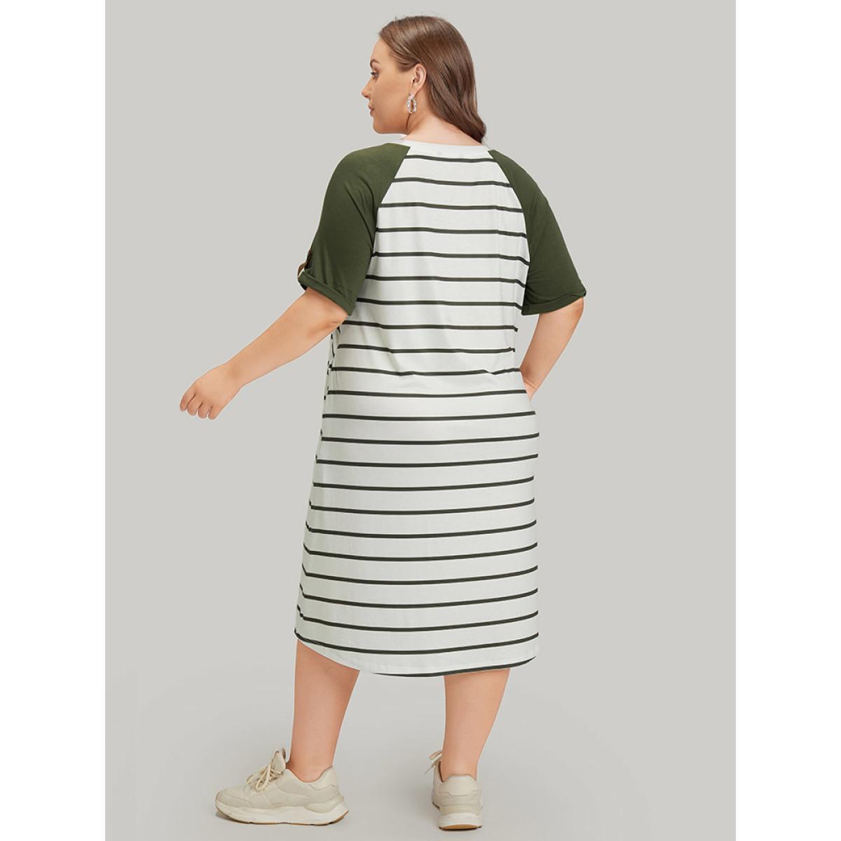 Plus Size Striped Patched Pocket Roll Raglan Sleeve Tee Dress ArmyGreen Women Casual Arc Hem Round Neck Half Sleeve Curvy Midi Dress BloomChic 10/M Product Image