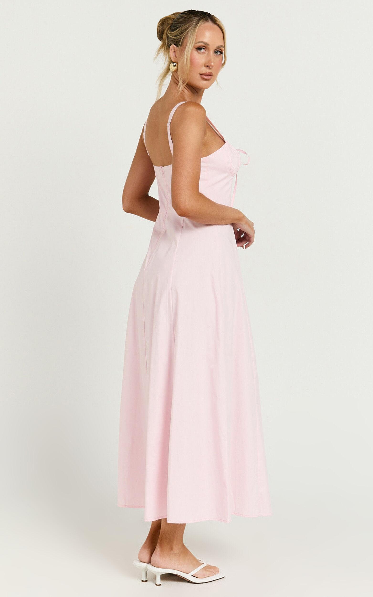 Maiya Midi Dress - Tie Front Fitted Bodice Dress in Soft Pink Product Image