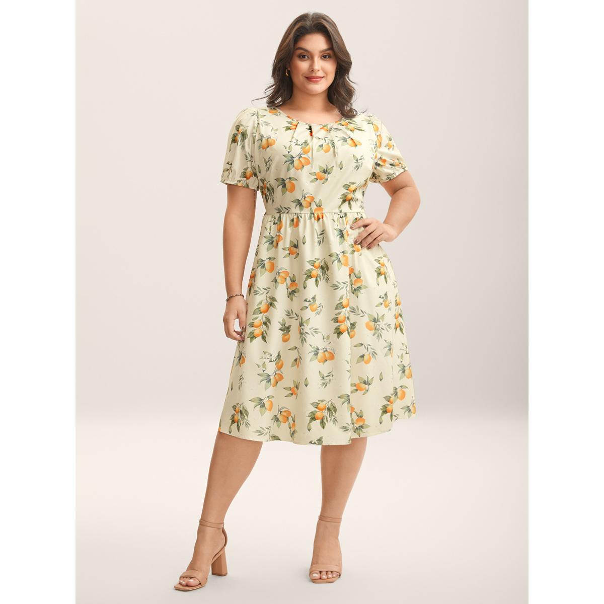 Plus Size Citrus Print Bow Backless Midi Dress Apricot Women Boat Neck Short sleeve Curvy BloomChic 26/4X Product Image